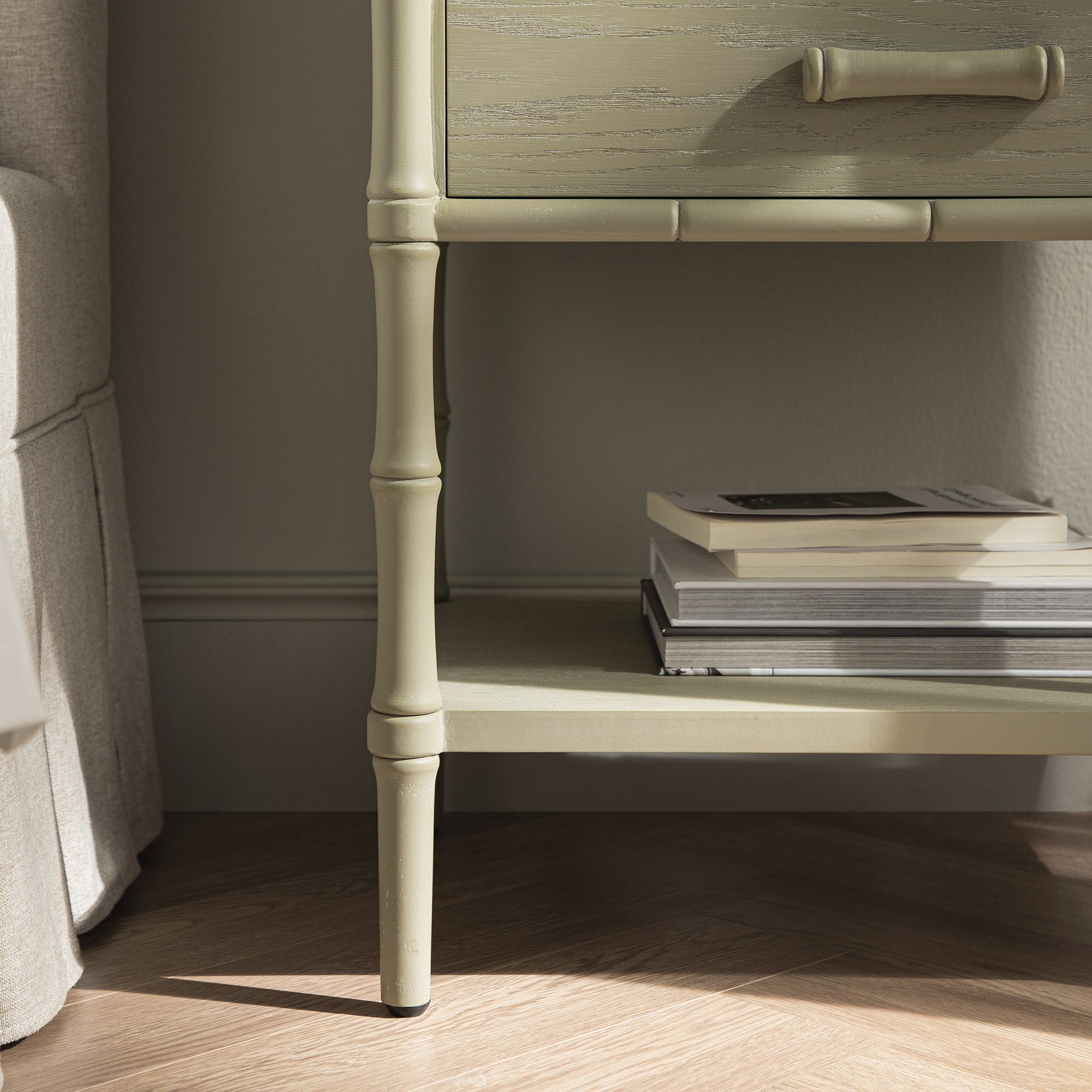 Elstowe Faux Bamboo 2-Drawer Nightstand, Sage Green