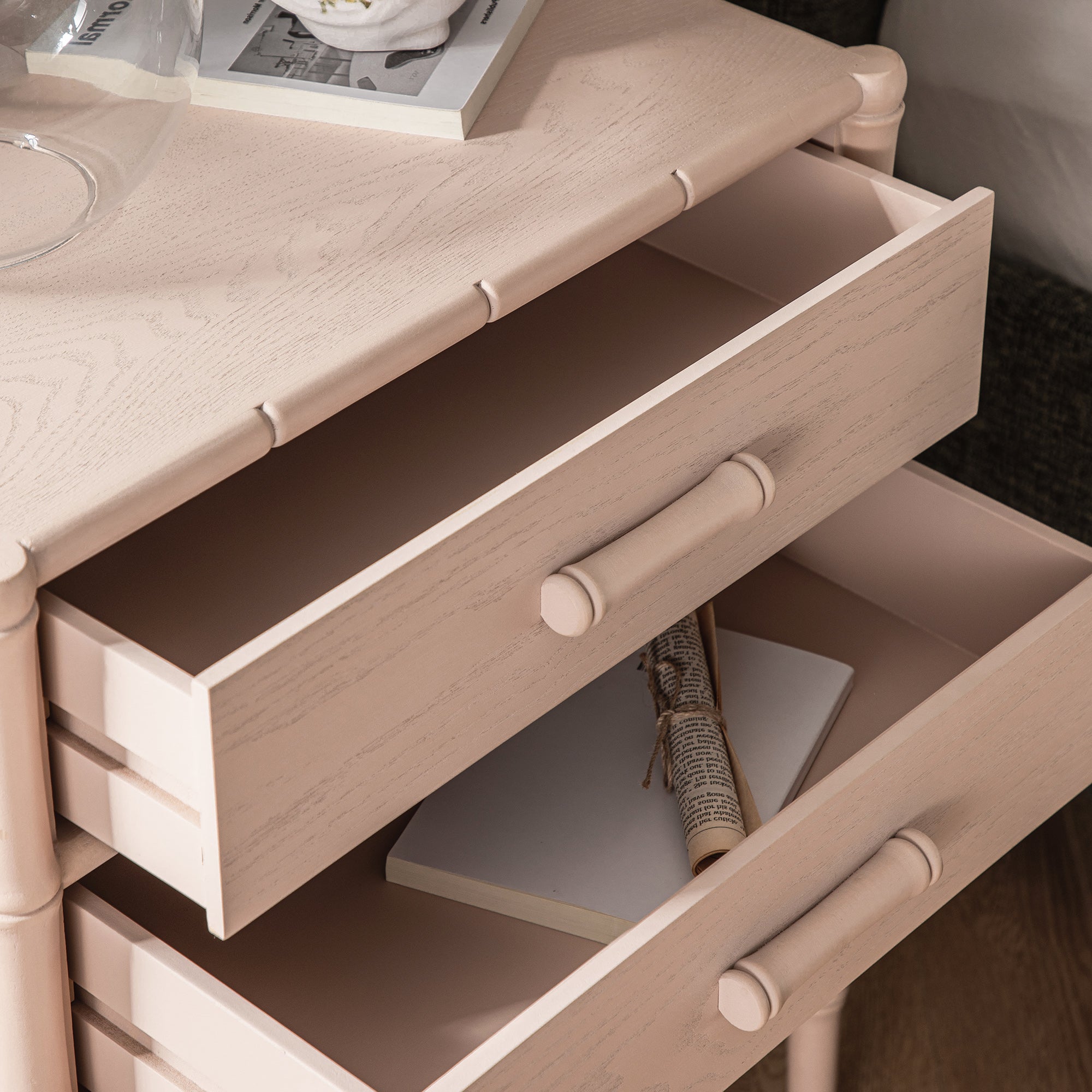 Elstowe Faux Bamboo 2-Drawer Nightstand, Nude Pink