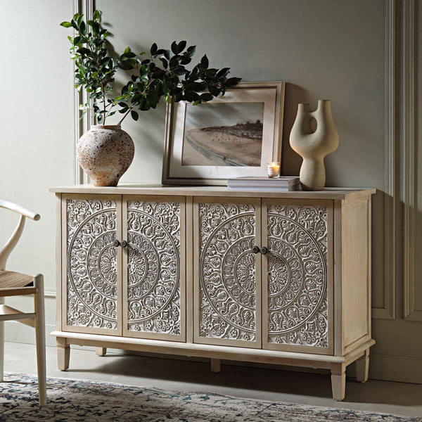 Chantilly Whitewashed Carved Large Sideboard