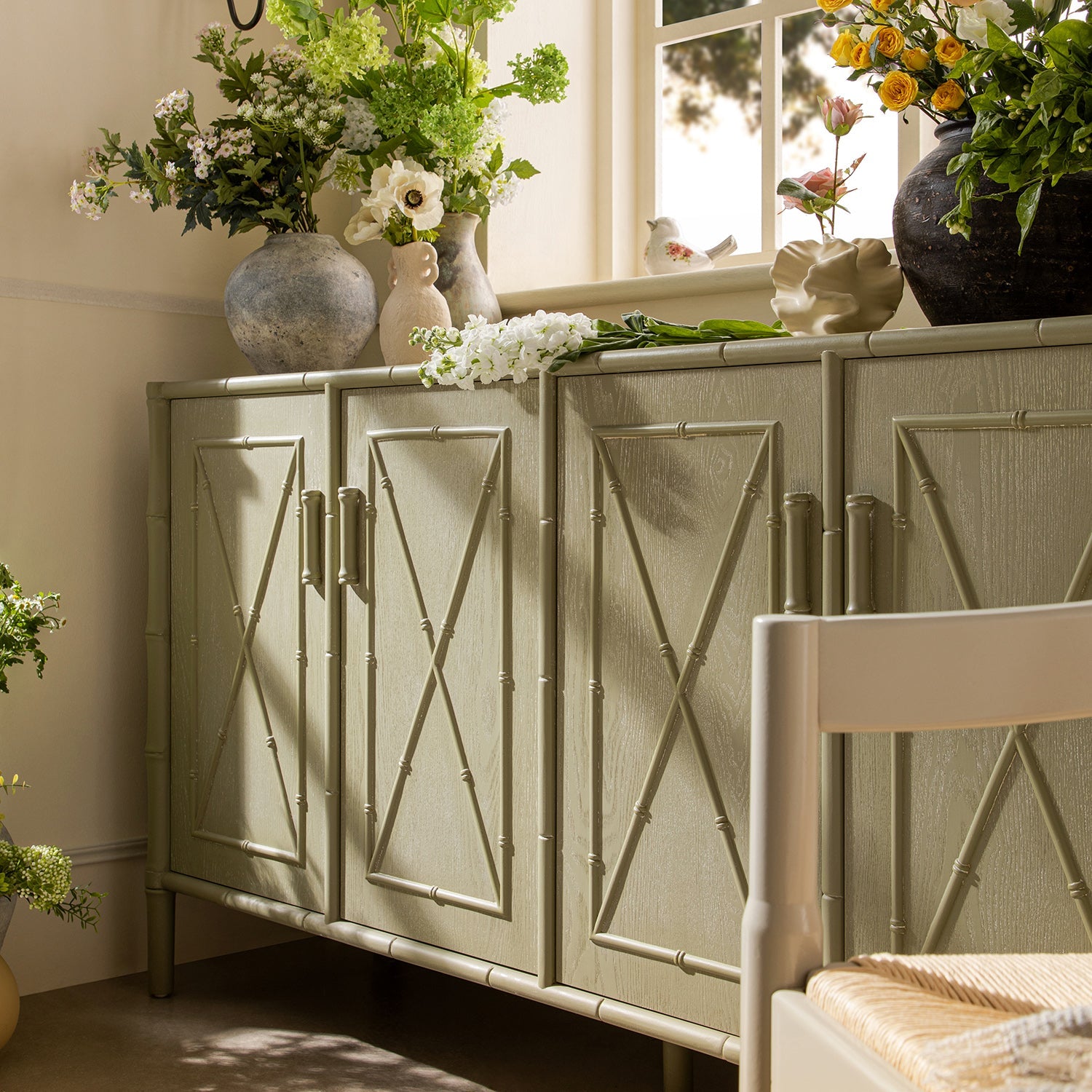 Elstowe Faux Bamboo Large Sideboard, Sage Green