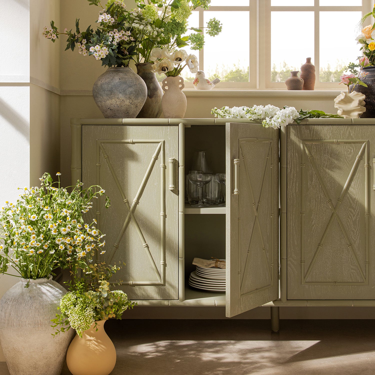 Elstowe Faux Bamboo Large Sideboard, Sage Green