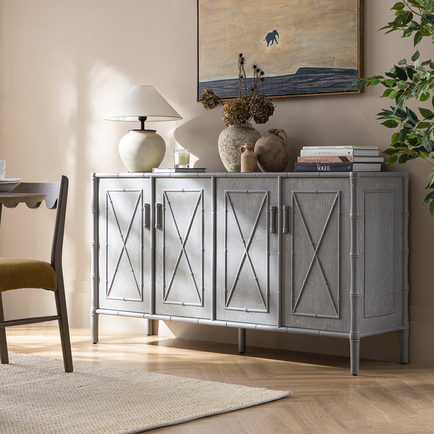 Elstowe Faux Bamboo Large Sideboard, Warm Gray