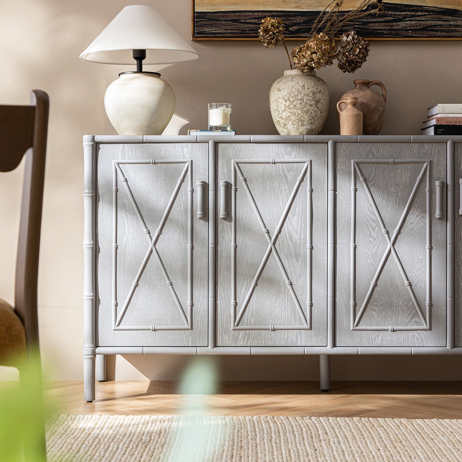 Elstowe Faux Bamboo Large Sideboard, Warm Gray