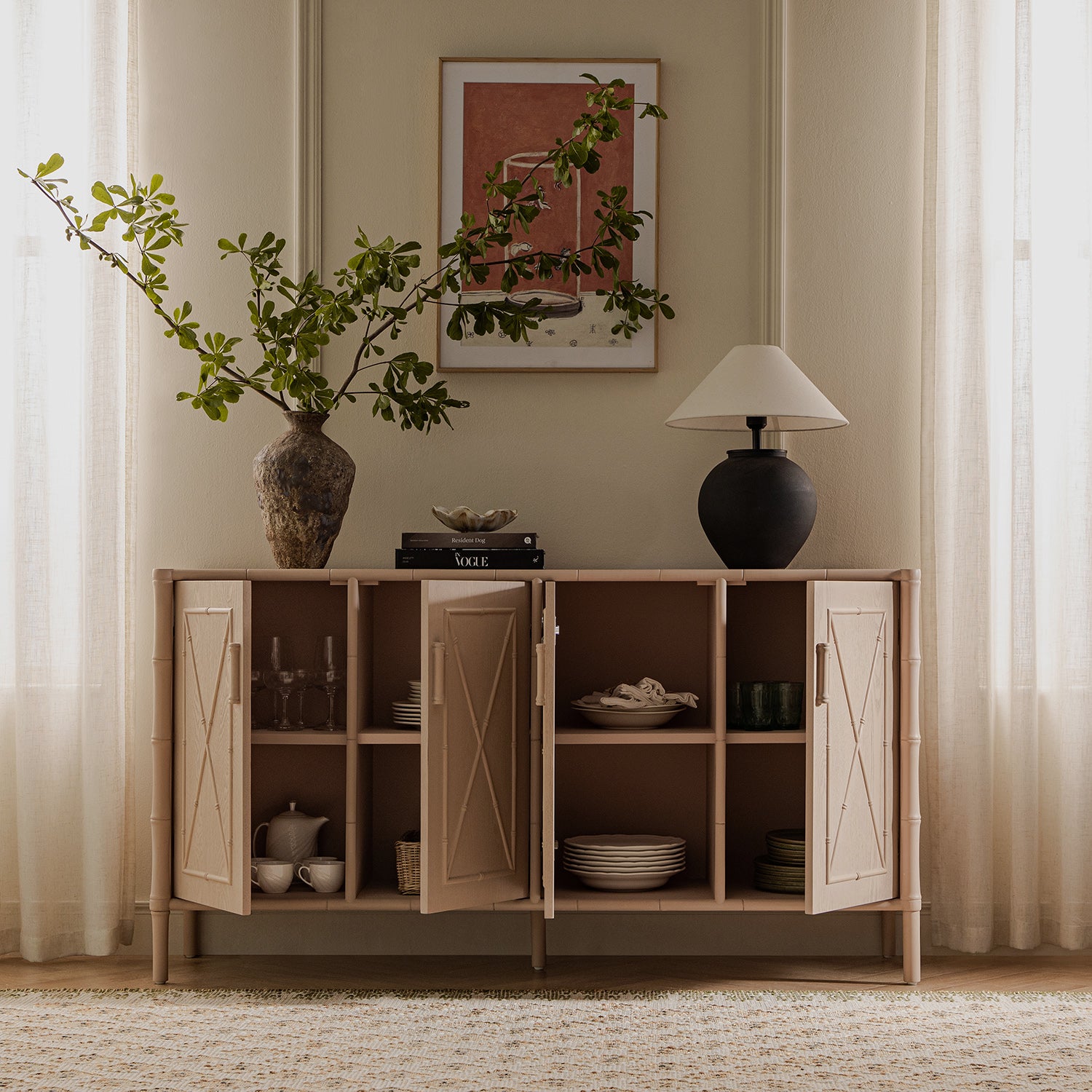 Elstowe Faux Bamboo Large Sideboard, Nude Pink