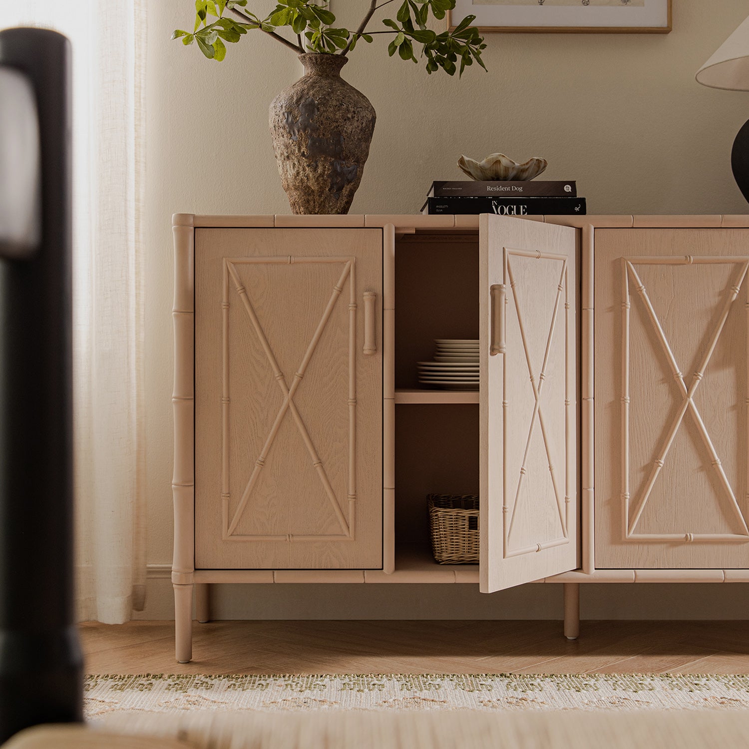 Elstowe Faux Bamboo Large Sideboard, Nude Pink