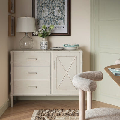 Elstowe Faux Bamboo 1-Door 3-Drawer Sideboard, Shaded White