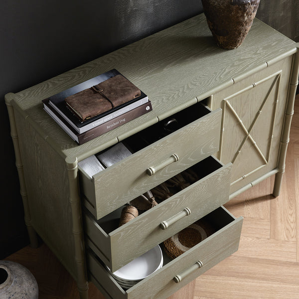 Elstowe Faux Bamboo 1-Door 3-Drawer Sideboard, Sage Green