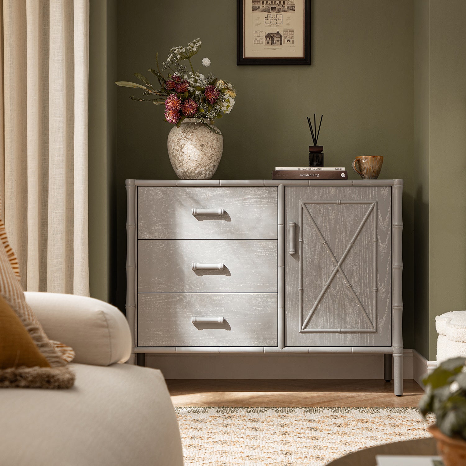 Elstowe Faux Bamboo 1-Door 3-Drawer Sideboard, Warm Gray