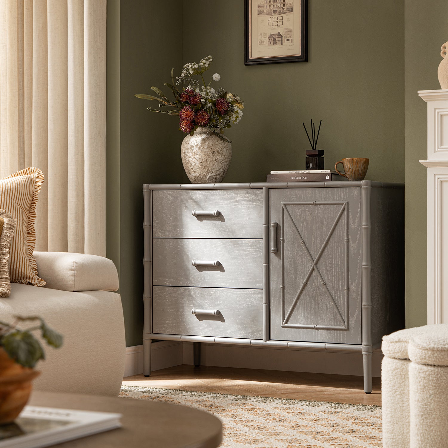 Elstowe Faux Bamboo 1-Door 3-Drawer Sideboard, Warm Gray
