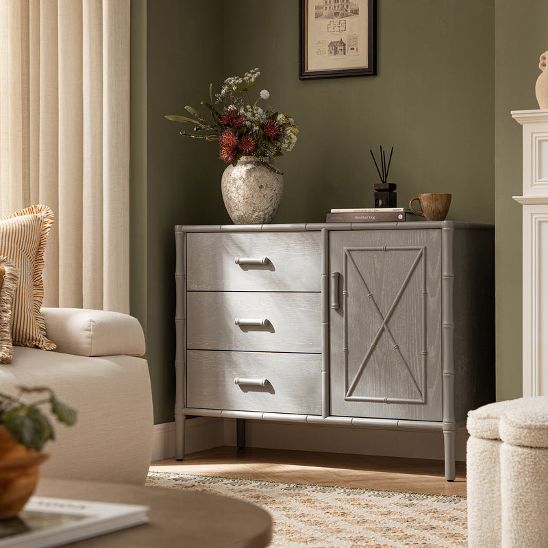 Elstowe Faux Bamboo 1-Door 3-Drawer Sideboard, Warm Gray