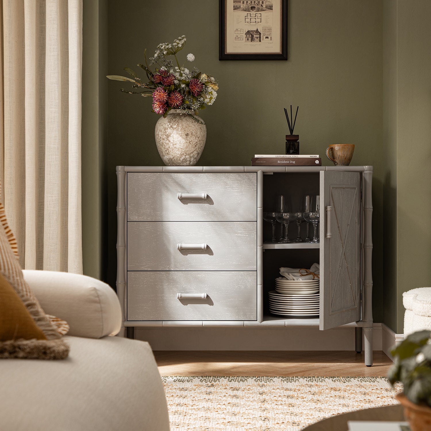 Elstowe Faux Bamboo 1-Door 3-Drawer Sideboard, Warm Gray