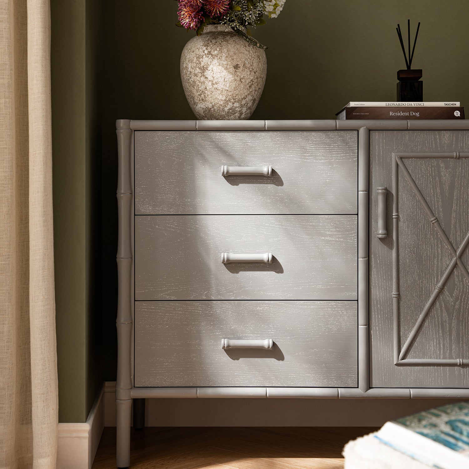 Elstowe Faux Bamboo 1-Door 3-Drawer Sideboard, Warm Gray