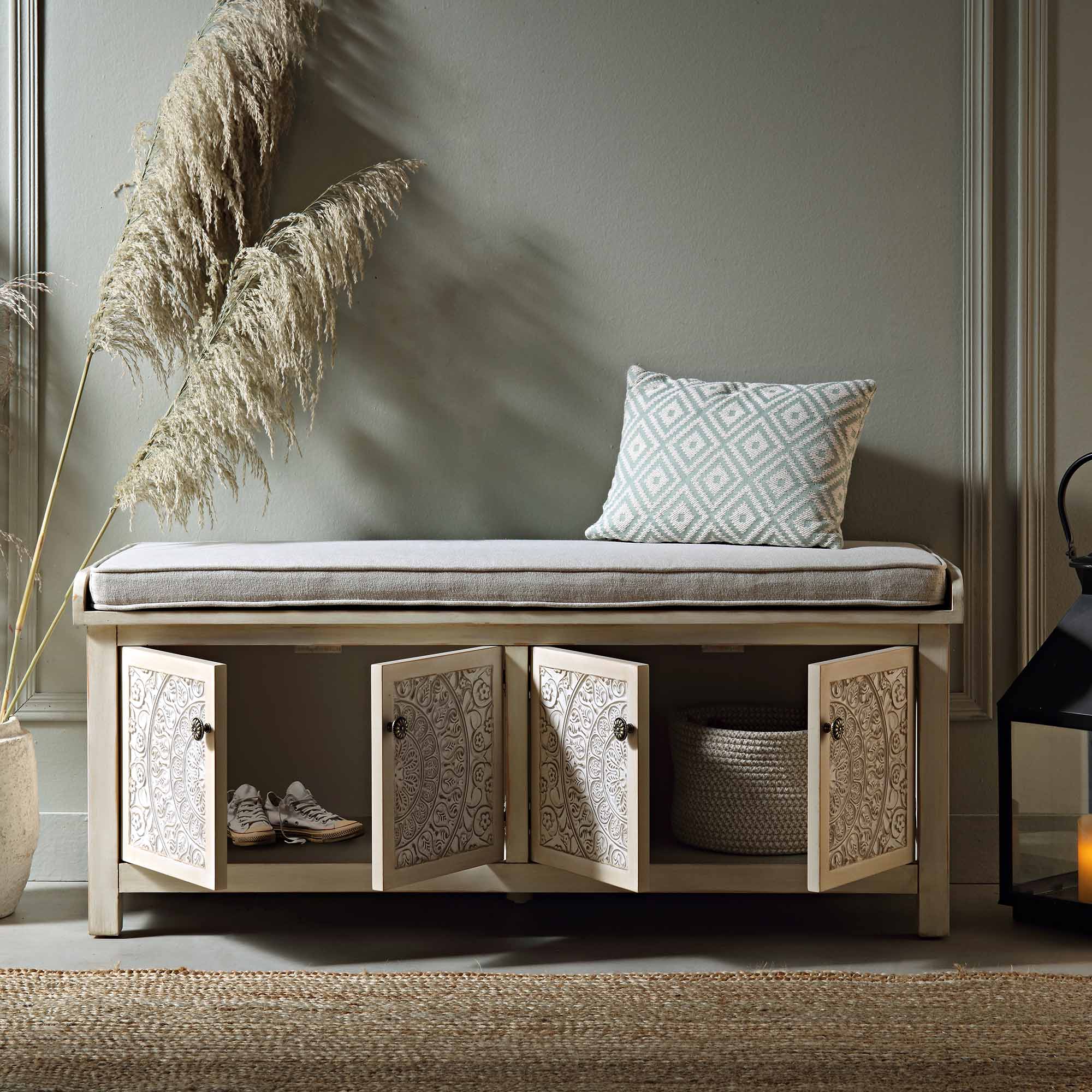 Chantilly Whitewashed Carved Storage Bench - daals