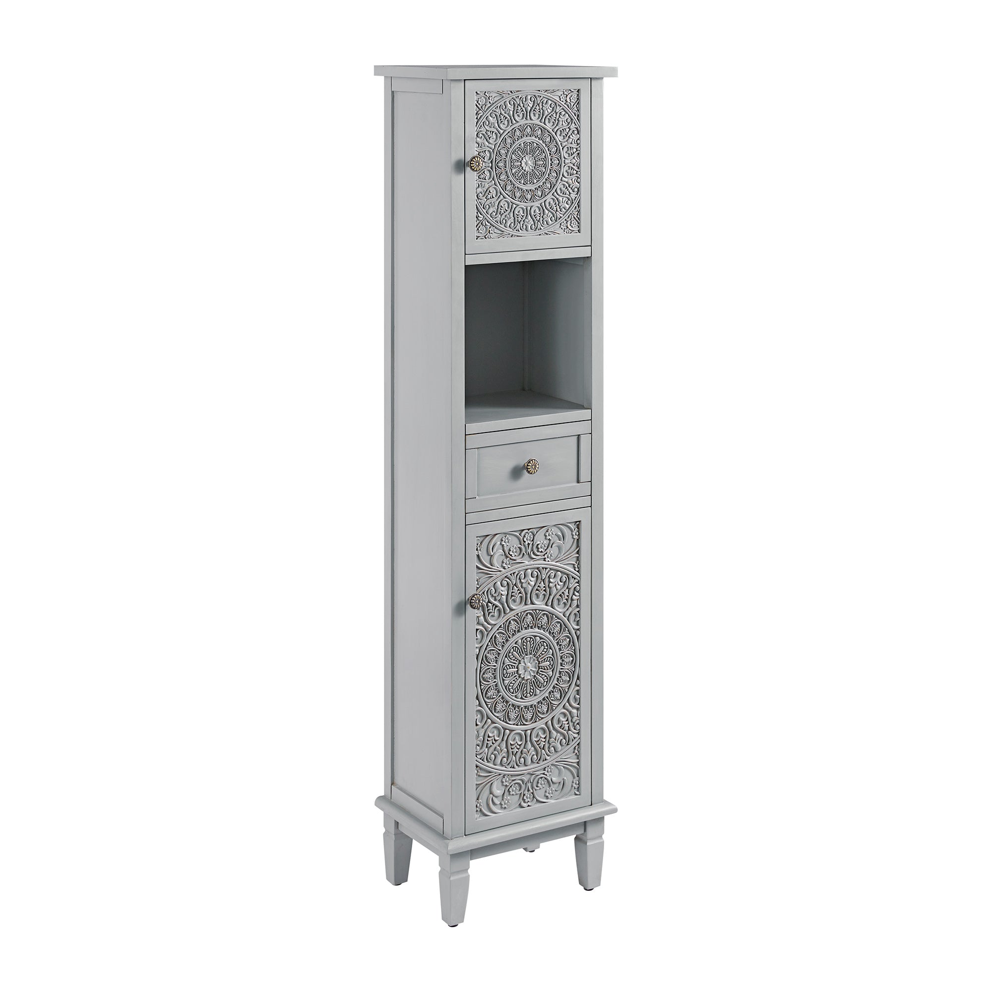 Chantilly Mid Gray Carved Bathroom Tall Storage Cabinet
