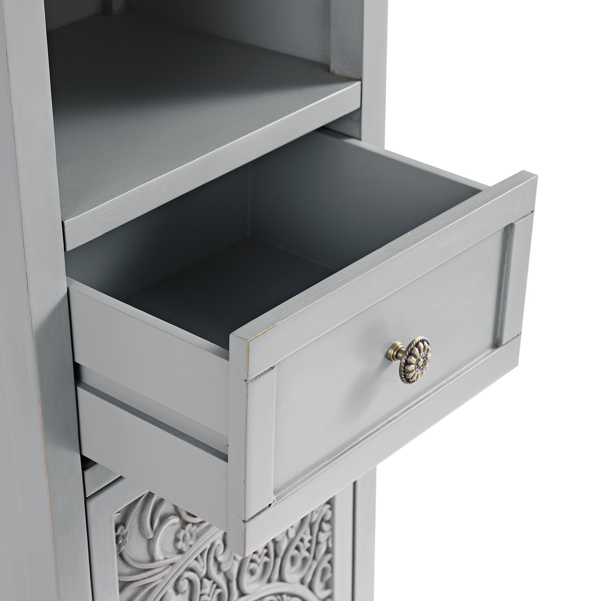 Chantilly Mid Gray Carved Bathroom Tall Storage Cabinet