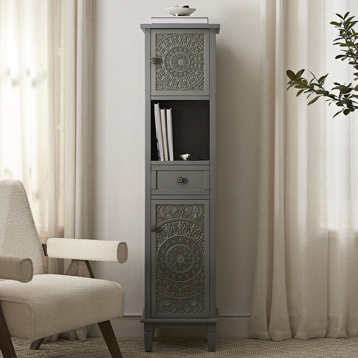 Chantilly Mid Gray Carved Bathroom Tall Storage Cabinet