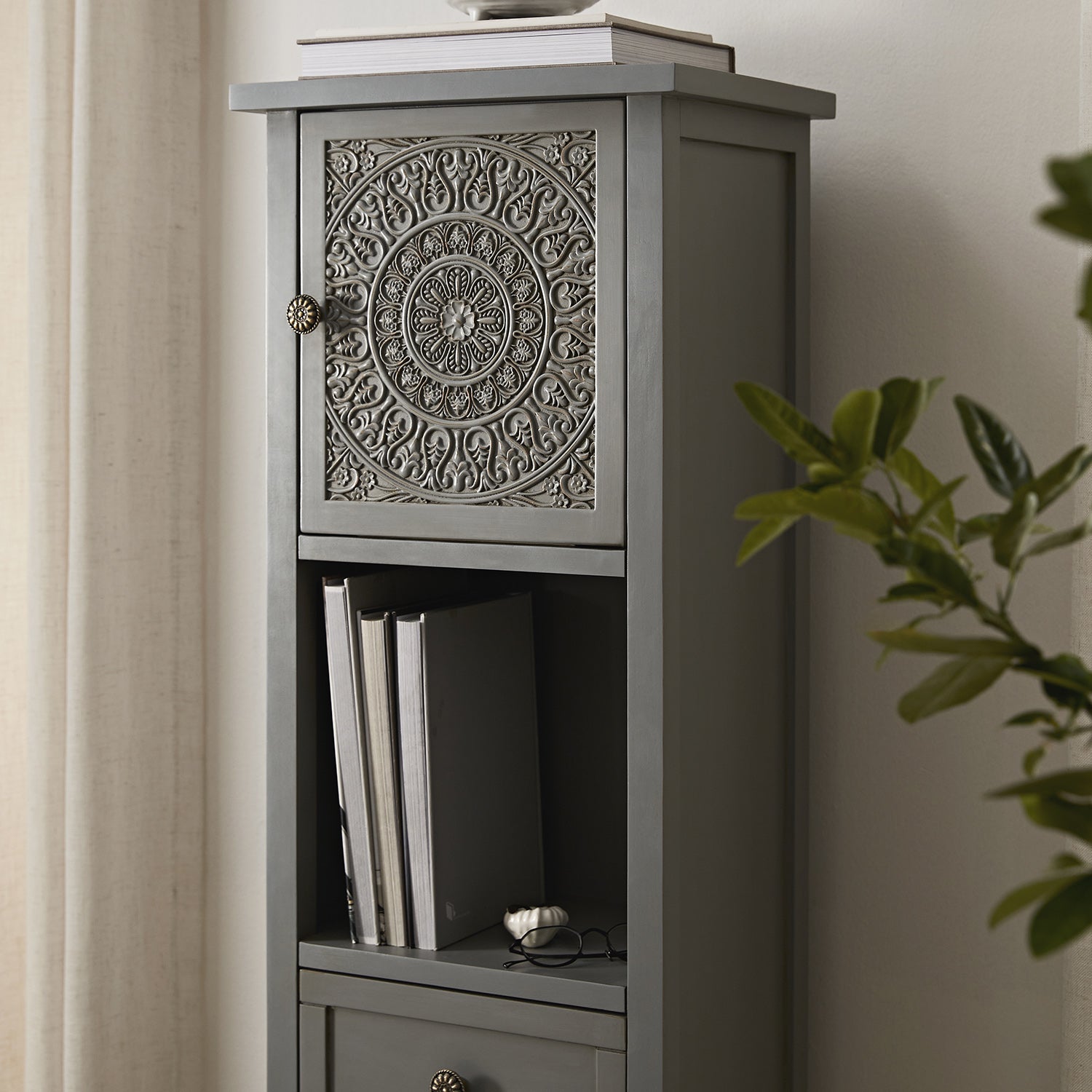 Chantilly Mid Gray Carved Bathroom Tall Storage Cabinet