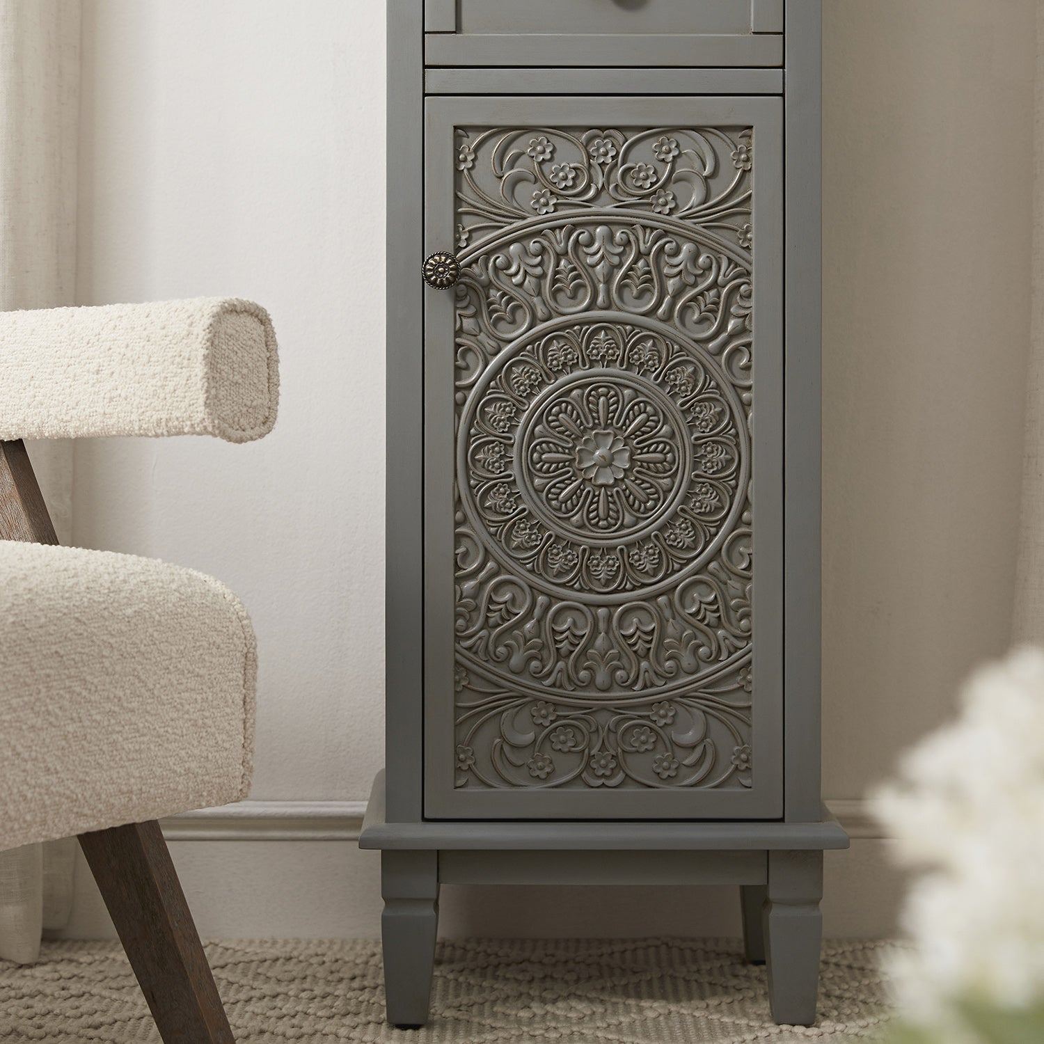 Chantilly Mid Gray Carved Bathroom Tall Storage Cabinet
