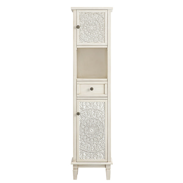 Chantilly Whitewashed Carved Bathroom Tall Storage Cabinet