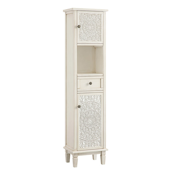 Chantilly Whitewashed Carved Bathroom Tall Storage Cabinet