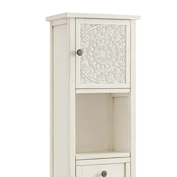 Chantilly Whitewashed Carved Bathroom Tall Storage Cabinet