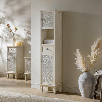 Chantilly Whitewashed Carved Bathroom Tall Storage Cabinet