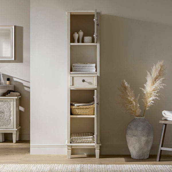 Chantilly Whitewashed Carved Bathroom Tall Storage Cabinet