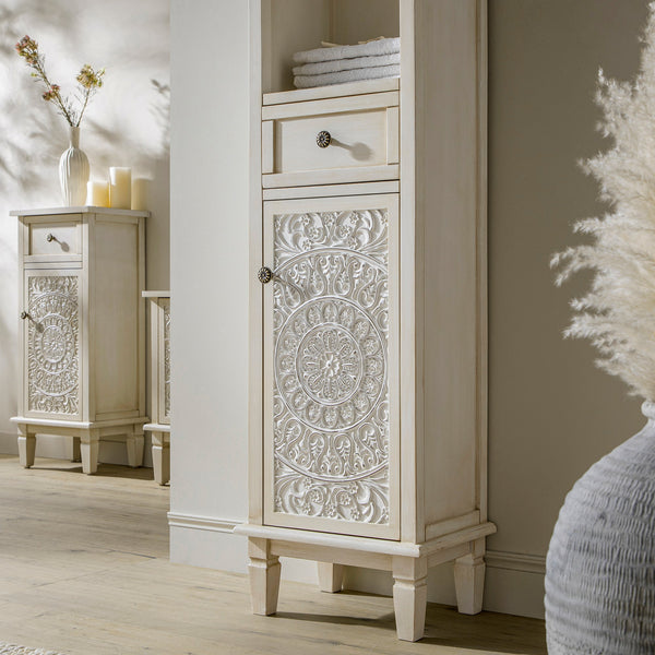 Chantilly Whitewashed Carved Bathroom Tall Storage Cabinet
