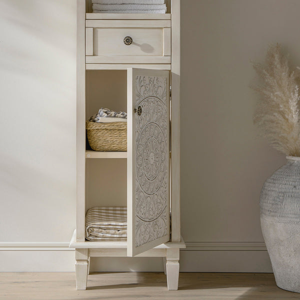 Chantilly Whitewashed Carved Bathroom Tall Storage Cabinet