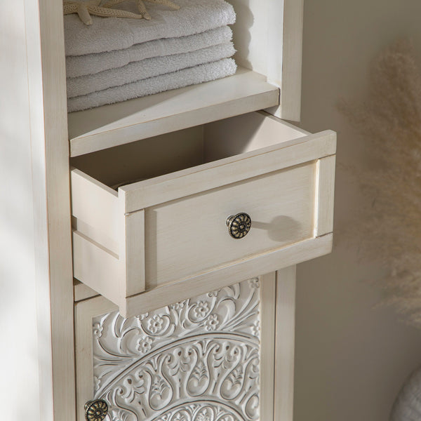 Chantilly Whitewashed Carved Bathroom Tall Storage Cabinet