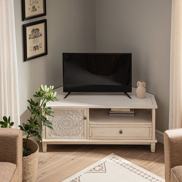 Chantilly Whitewashed Corner TV Stand