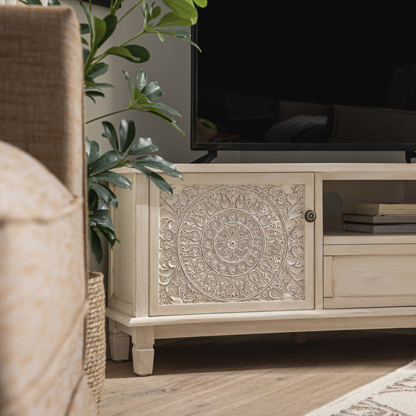Chantilly Whitewashed Corner TV Stand
