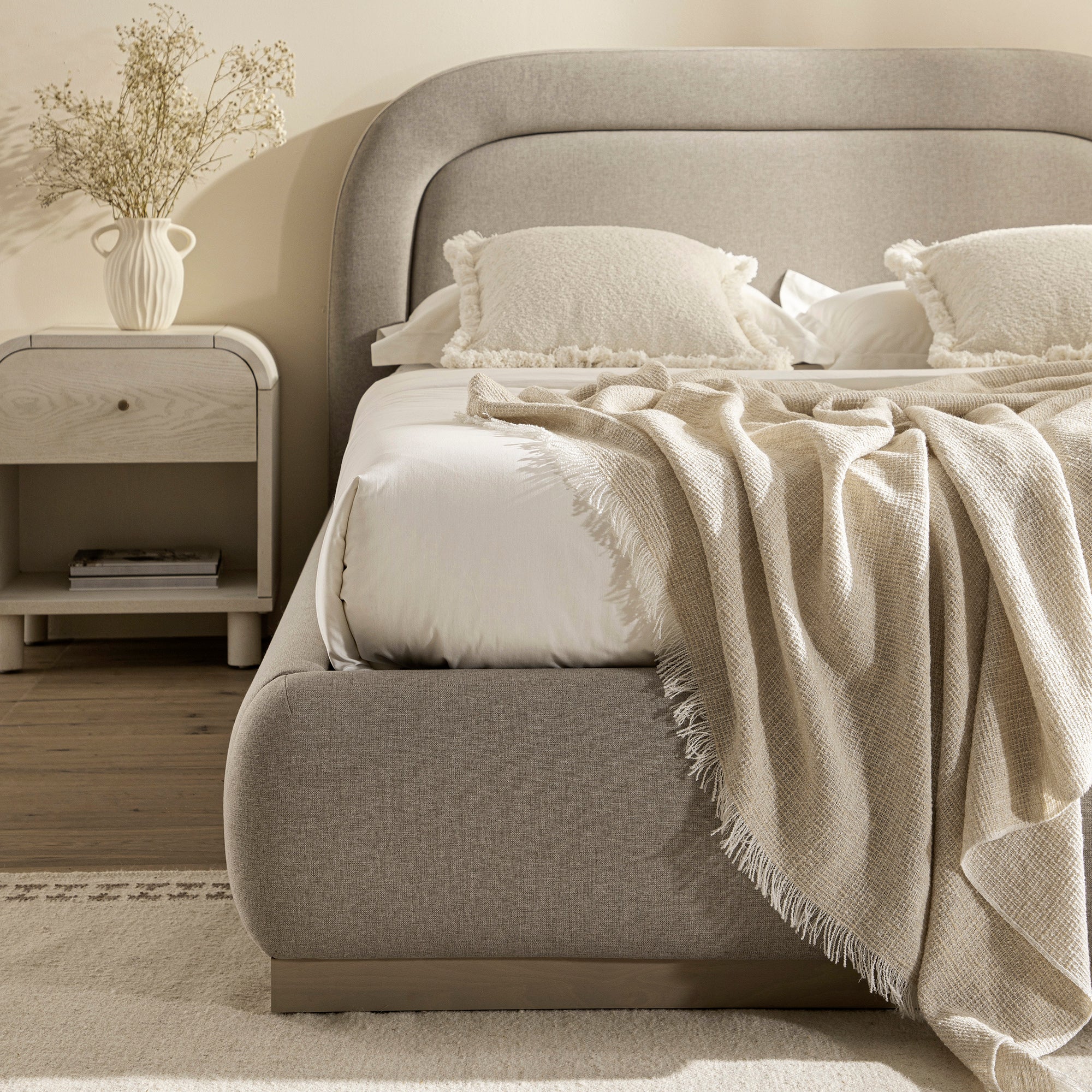 Luella Upholstered Wooden Plinth Base Storage Bed, Sand Fabric