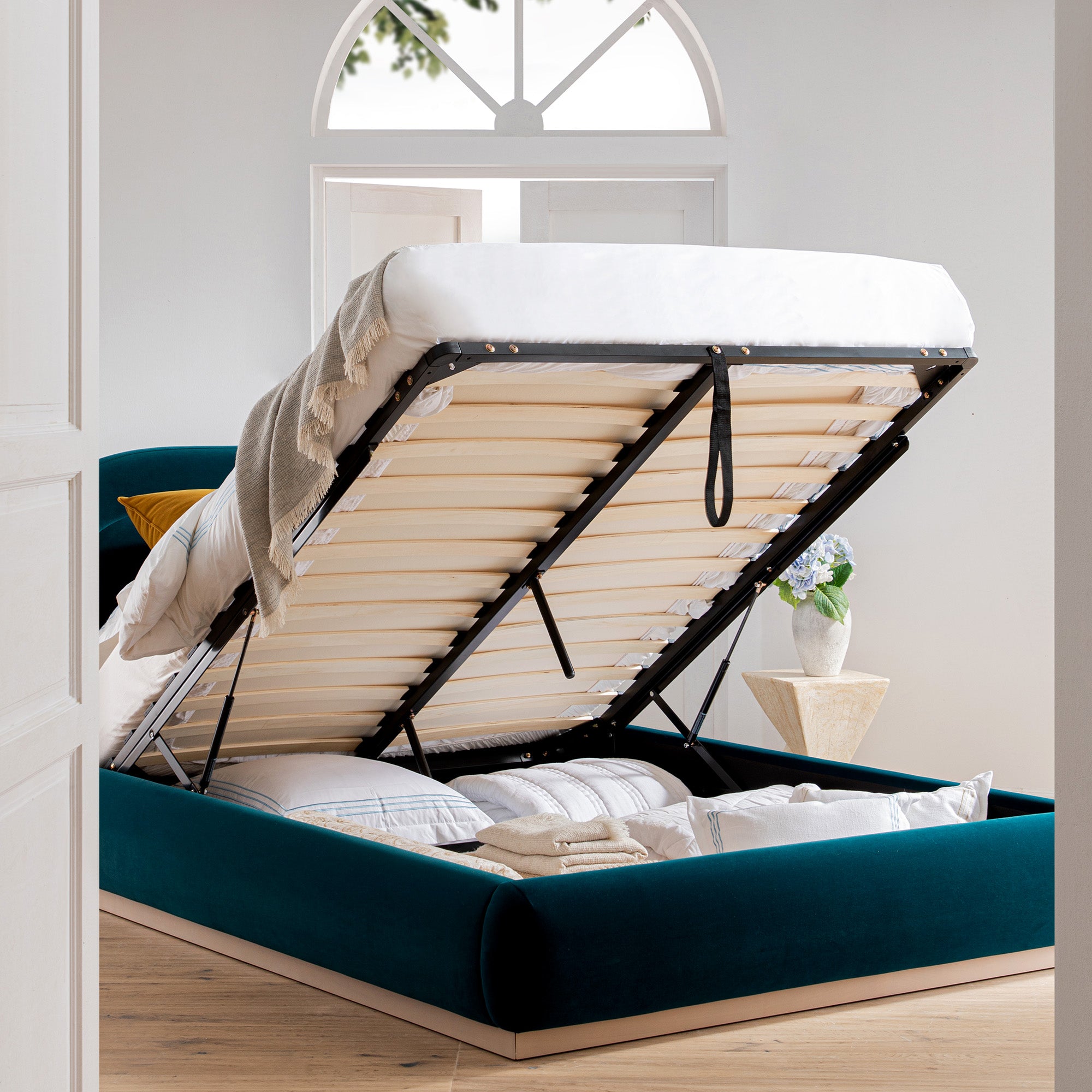 Base Storage Luella Upholstered Wooden Plinth Base Storage Bed, Teal Velvet | daals.com