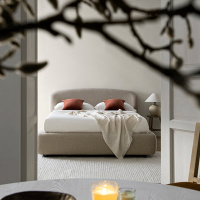 Constance Winged Headboard Ottoman Storage Bed, Light Taupe Boucle