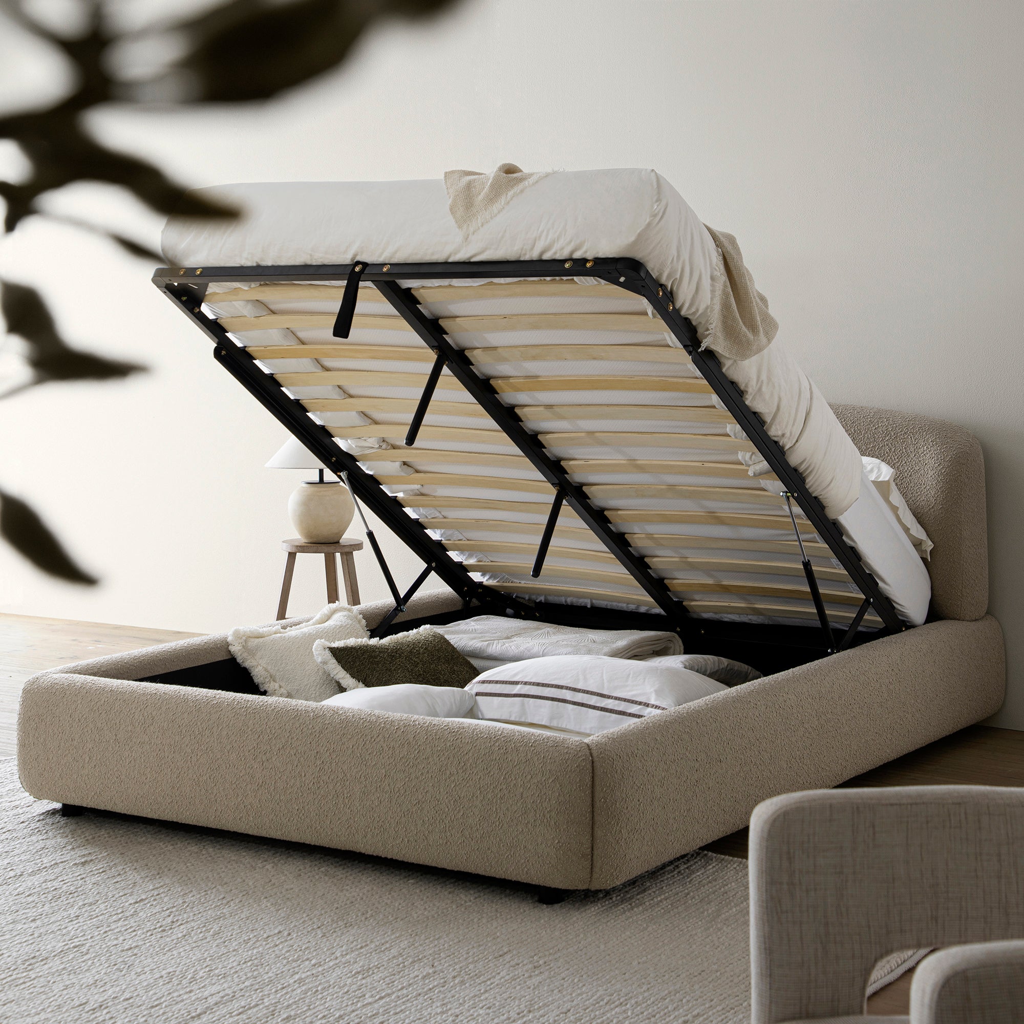 Constance Winged Headboard Ottoman Storage Bed, Light Taupe Boucle
