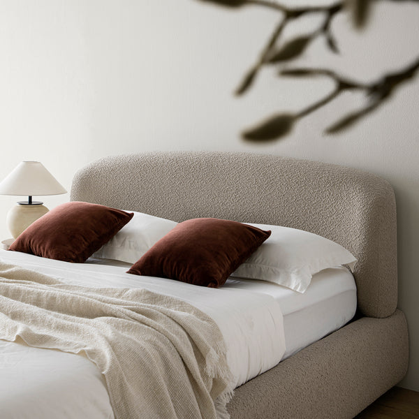 Constance Winged Headboard Ottoman Storage Bed, Light Taupe Boucle