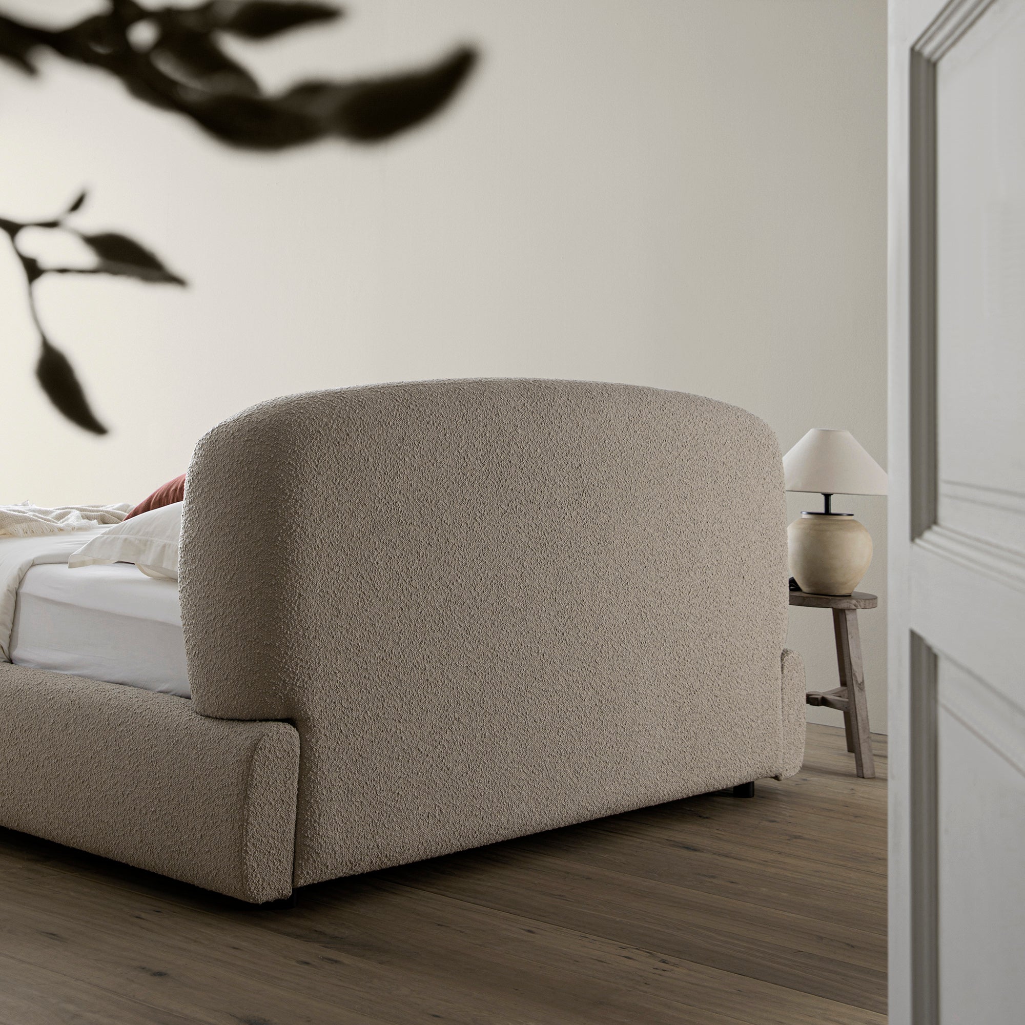 Constance Winged Headboard Ottoman Storage Bed, Light Taupe Boucle