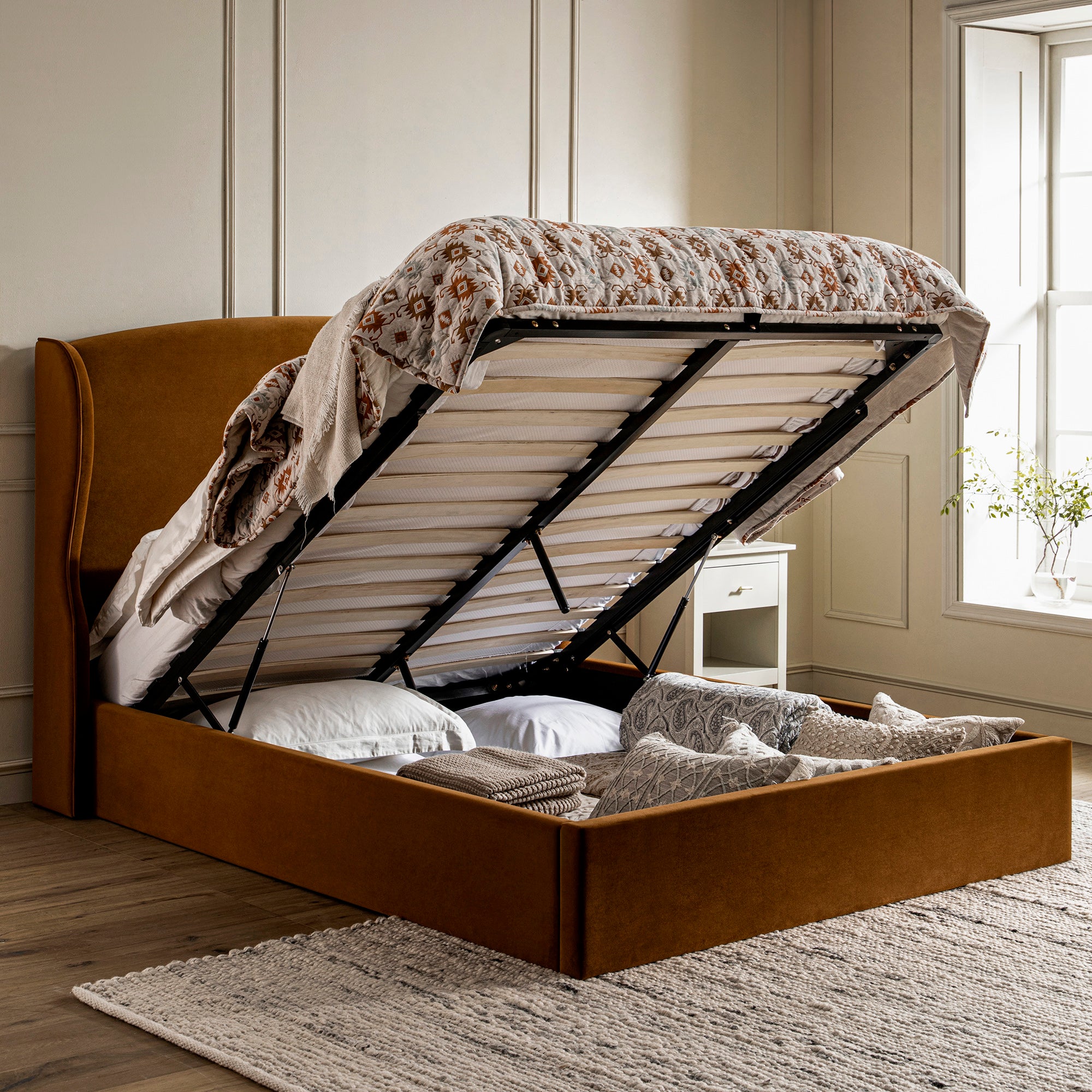Kimberly Winged Upholstered Storage Bed, Cinnamon Velvet