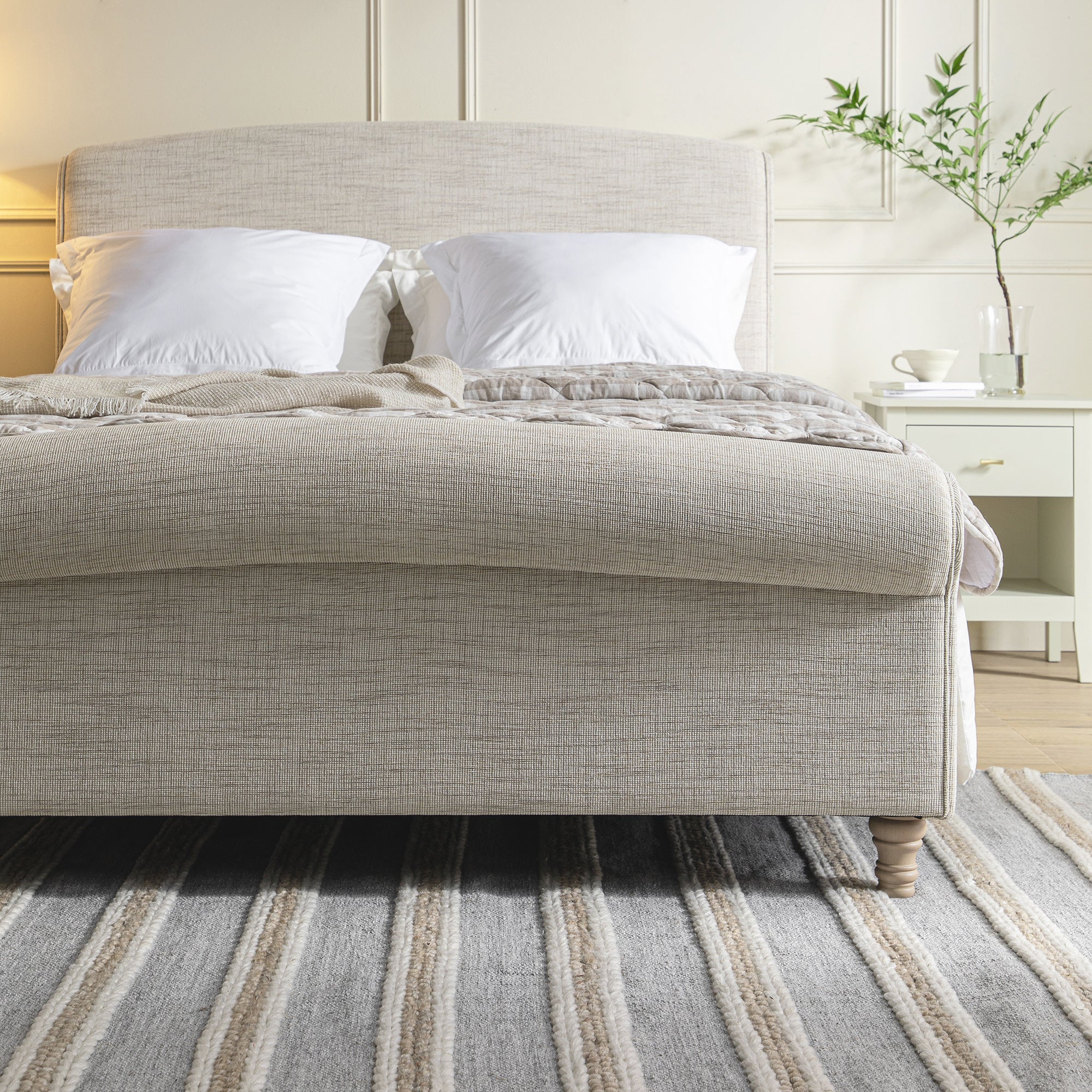 Porchester Ottoman Storage Sleigh Bed, Oatmeal Woven Textured Fabric