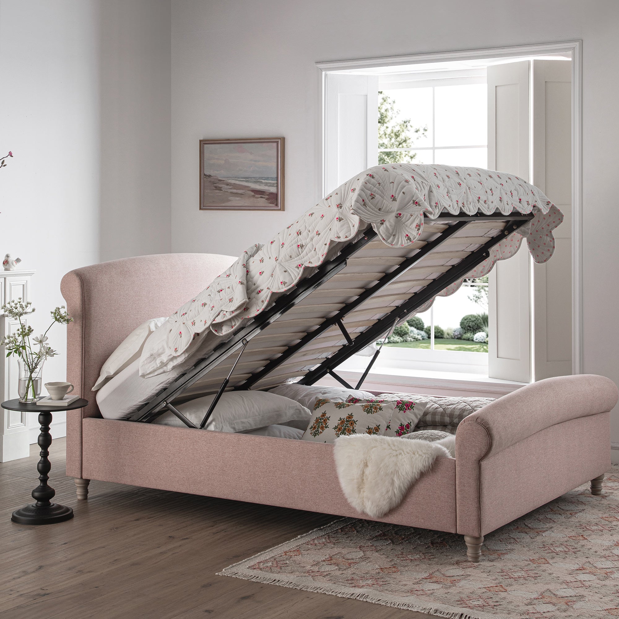 Porchester Ottoman Storage Sleigh Bed, Rosewater Pink Fabric