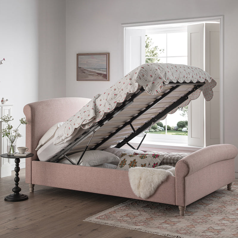 Porchester Ottoman Storage Sleigh Bed, Rosewater Pink Fabric