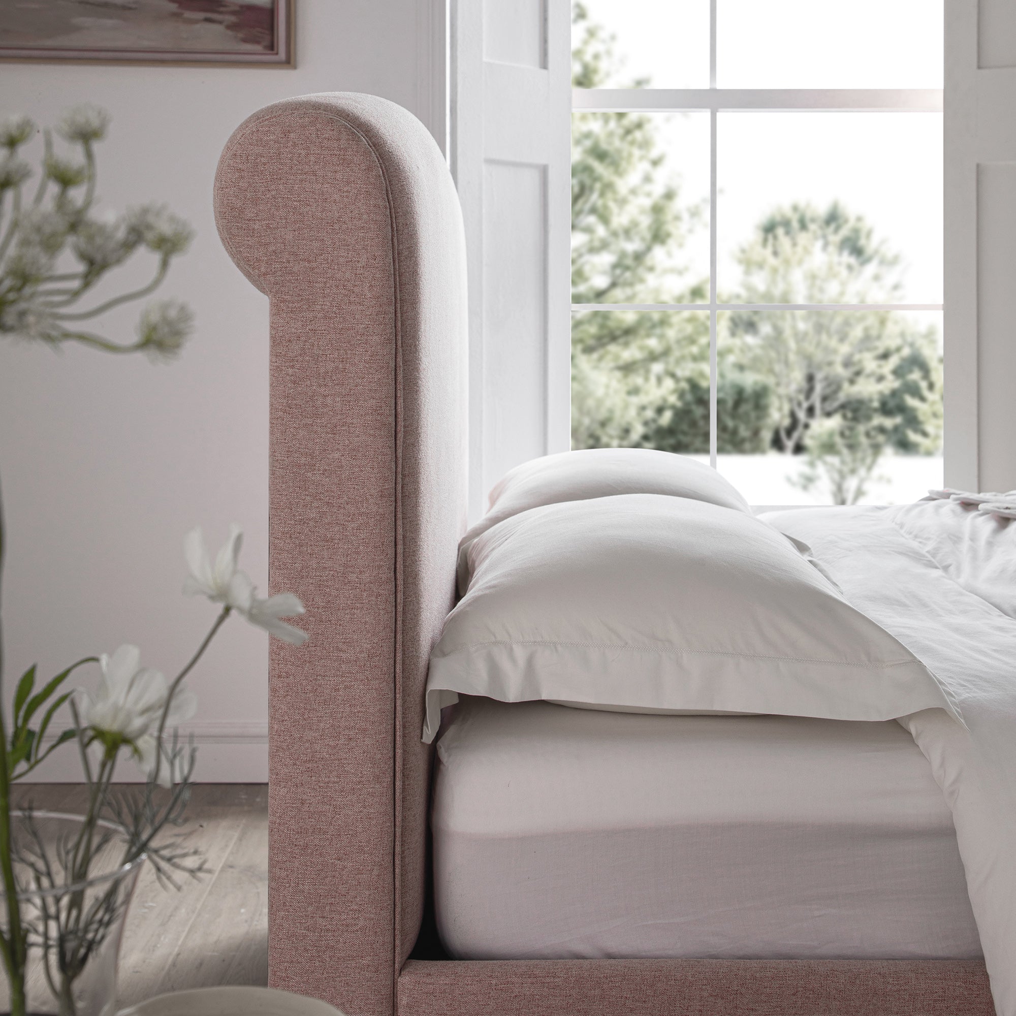 Porchester Ottoman Storage Sleigh Bed, Rosewater Pink Fabric