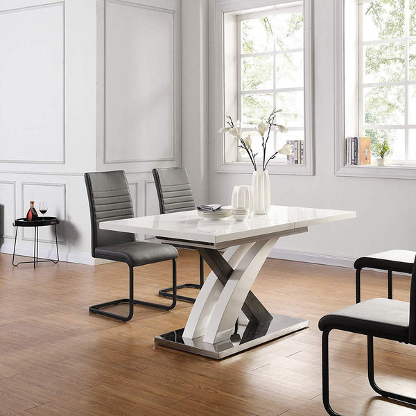 BASEL High Gloss White Extendable 6 to 8 Seater Dining Table with Stainless Steel Base