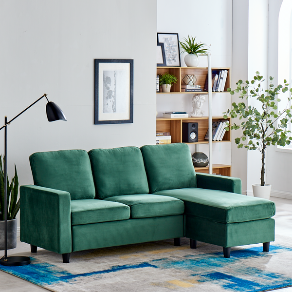 Campbell 3 Seater Sofa with Reversible Chaise in Green Velvet