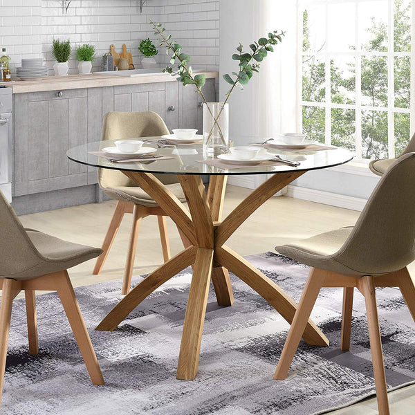 Lugano Round Glass Top Dining Table with Solid Oak Legs