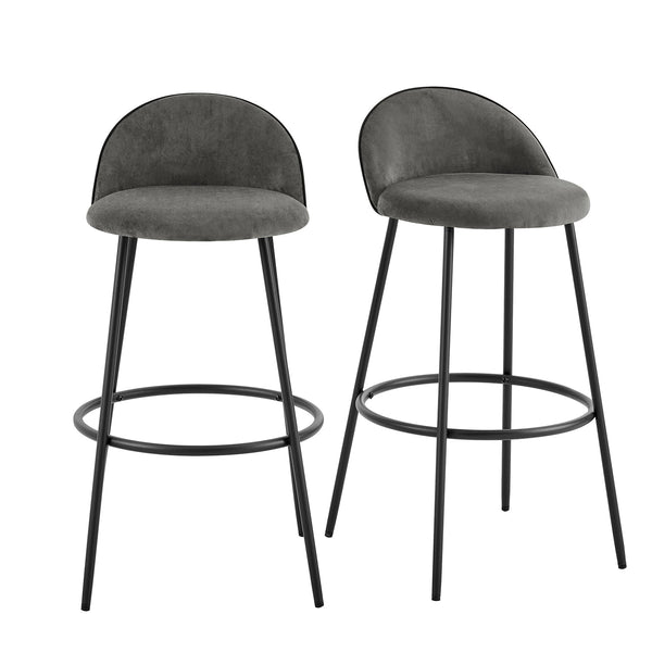 Barton Set of 2 Gray Velvet Upholstered Bar Stools with Contrast Piping