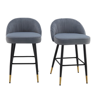 Miyae Set of 2 Pleated Light Gray Velvet Upholstered Counter Stools