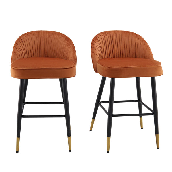 Miyae Set of 2 Pleated Burnt Orange Velvet Upholstered Counter Stools
