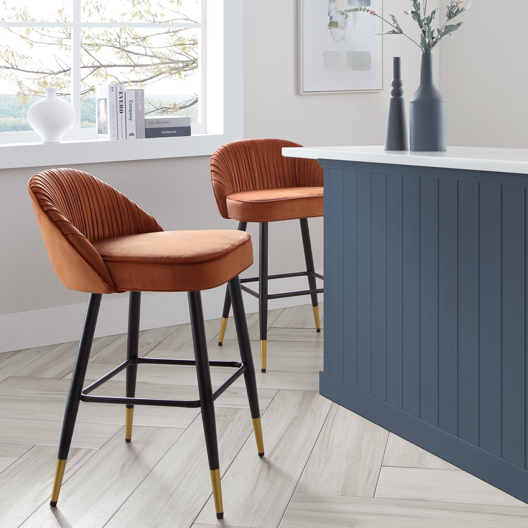 Miyae Set of Pleated Burnt Orange Velvet Upholstered Counter